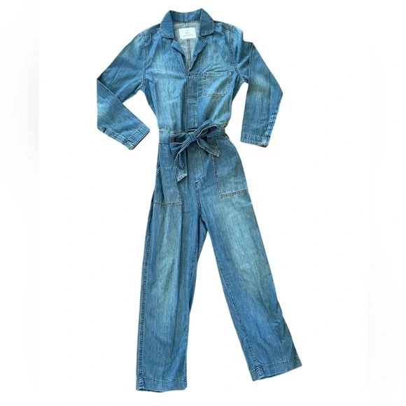 & Denim | Women's Medium Blue Lightweight Denim Jumpsuit tie waist hidden button - Picture 2 of 16